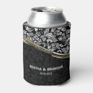 Elegant Black & Silver Damasks Gold Accents Can Cooler