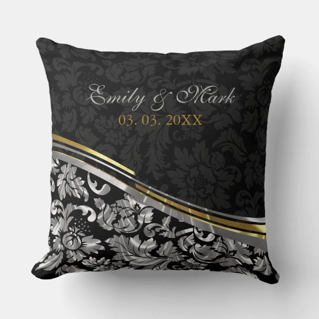 Elegant Black & Silver Damasks Gold Accents Cushion (Front)