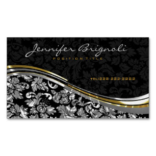 Elegant Black & Silver Damasks Gold Accents Magnetic Business Card