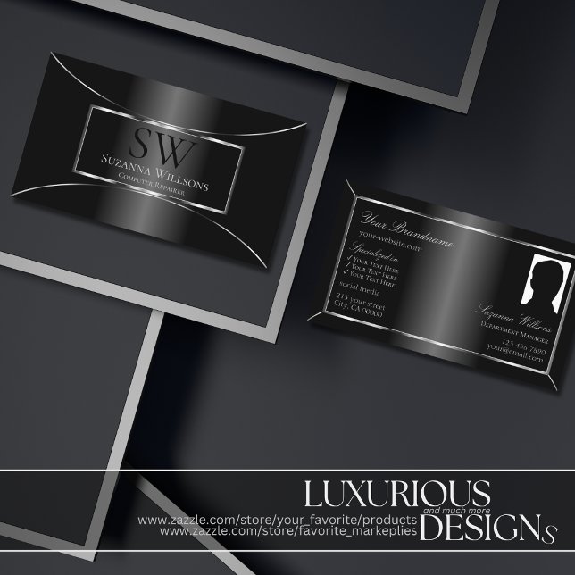 Elegant Black Silver Decor with Monogram and Photo Business Card (Creator Uploaded)