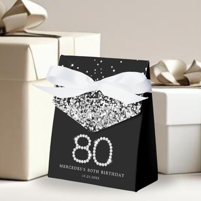 Elegant Black Silver Diamonds 80th Birthday Favour Box (Diamonds 80th Birthday Favor Gift Boxes)