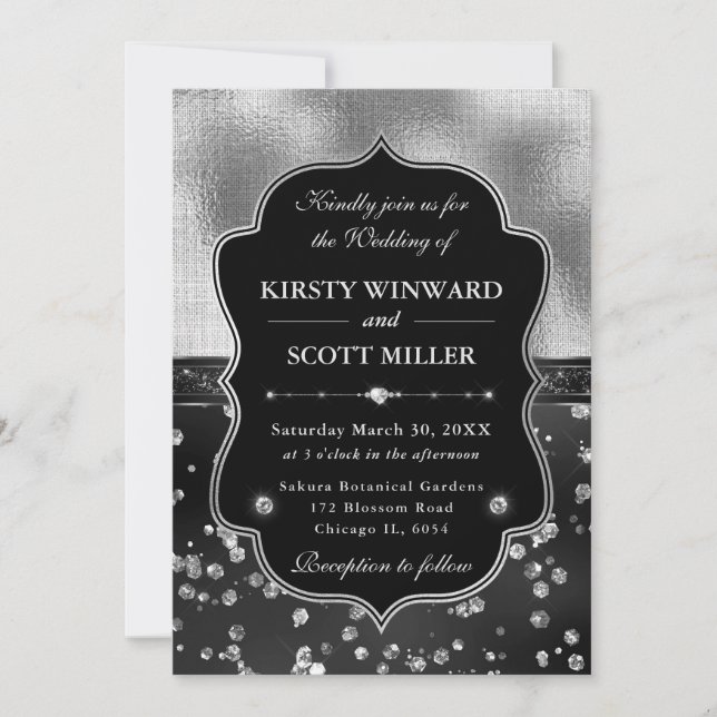 Elegant Black & Silver Diamonds Wedding Invitation (Front)