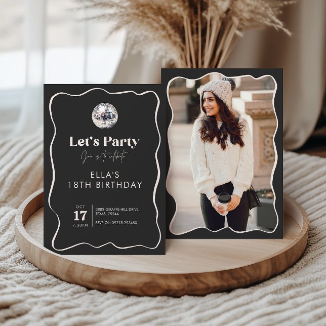 Elegant Black & Silver Disco Ball photo Birthday Invitation (Creator Uploaded)