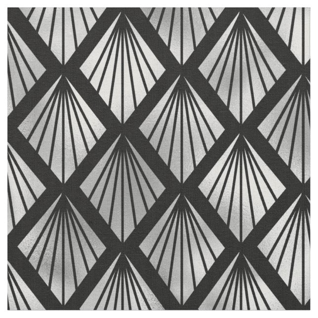 Elegant Black Silver Fan Diamond Art Deco Fabric (Close Up)