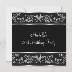 Elegant Black & Silver Floral 50th Birthday Party Invitation