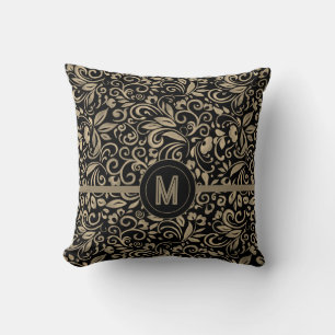 Elegant Black Silver Floral Monogram Cushion
