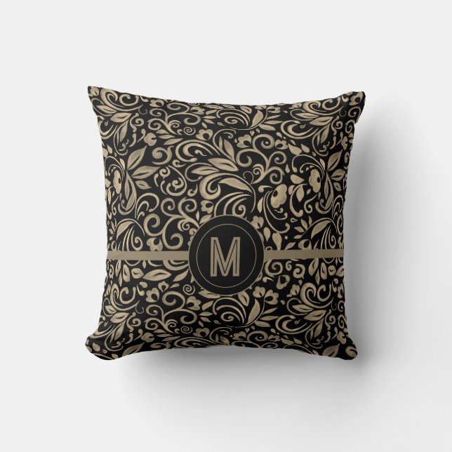 Elegant Black Silver Floral Monogram Cushion (Front)