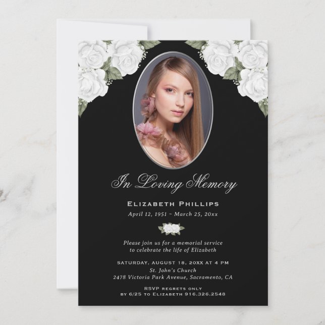 Elegant Black Silver Floral Photo Memorial Service Invitation (Front)