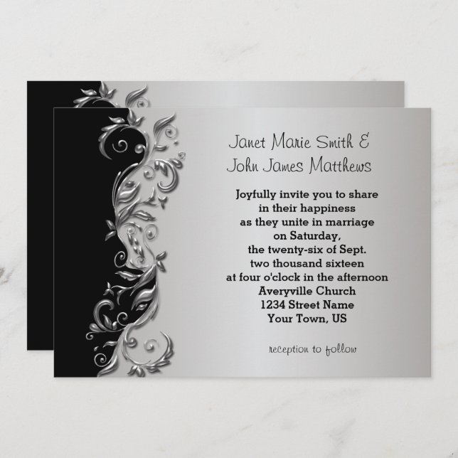Elegant Black & Silver Floral Wedding Design Invitation (Front/Back)