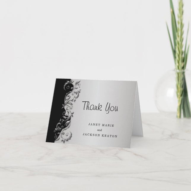 Elegant Black & Silver Floral Wedding Thank You Card (Front)