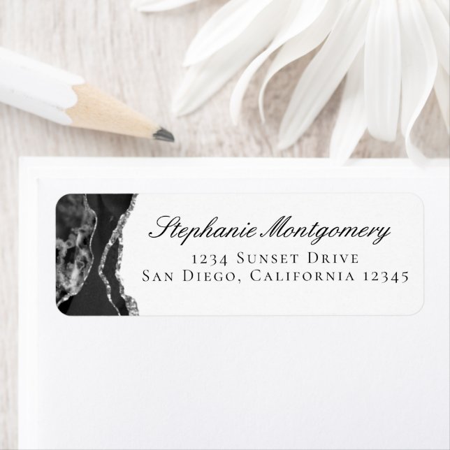 Elegant Black Silver Foil Agate Return Address Label (Insitu)