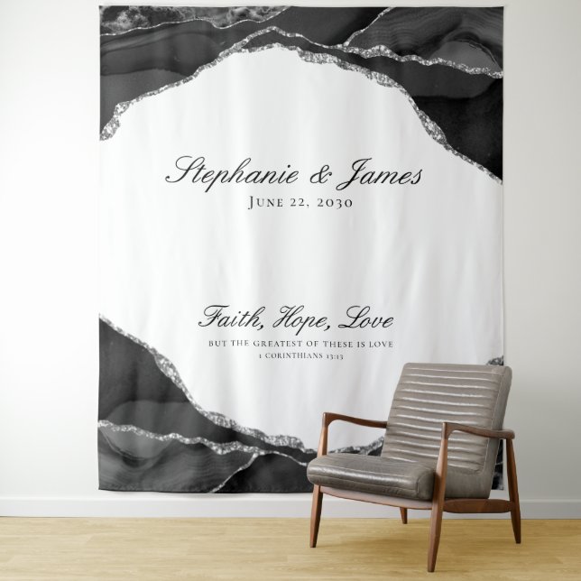 Elegant Black Silver Foil Agate Wedding Tapestry (In Situ)