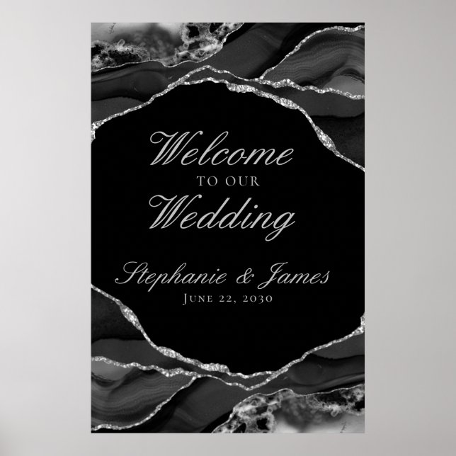 Elegant Black Silver Foil Agate Wedding Welcome Poster (Front)