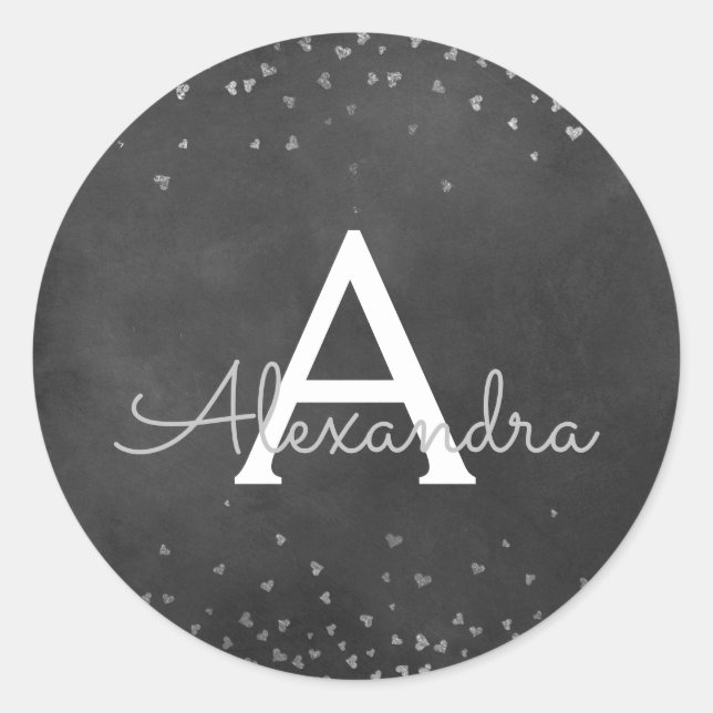 Elegant Black - Silver Foil Confetti Monogram Classic Round Sticker (Front)