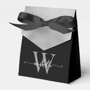  Elegant Black Silver Foil Monogram Name Script Favour Box