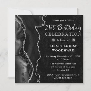 Elegant Black Silver Glitter Agate 21st Birthday Invitation