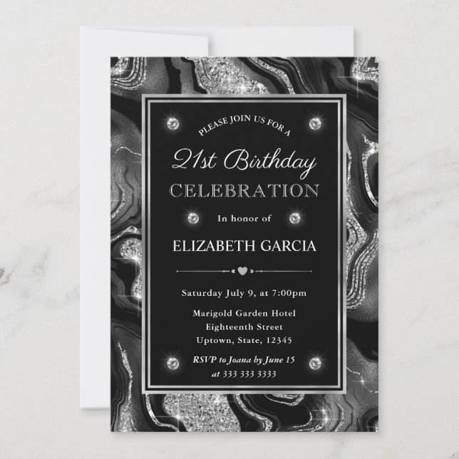 Elegant Black & Silver Glitter Agate 21st Birthday Invitation (Front)