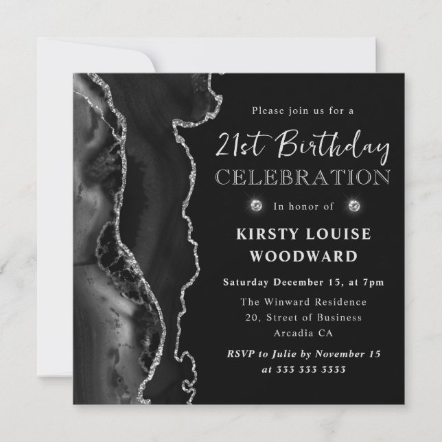 Elegant Black & Silver Glitter Agate 21st Birthday Invitation (Front)