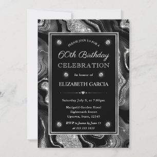 Elegant Black & Silver Glitter Agate 60th Birthday Invitation