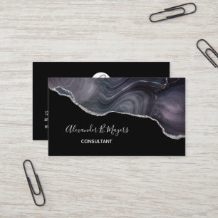 Elegant Black Silver Glitter Agate Geode Monogram Business Card