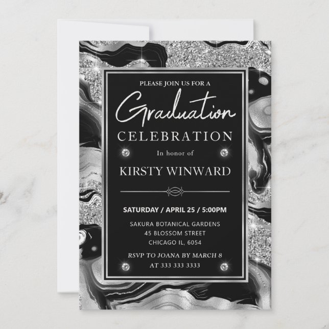 Elegant Black & Silver Glitter Agate Graduation Invitation (Front)