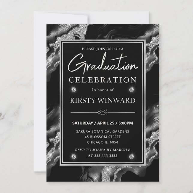 Elegant Black & Silver Glitter Agate Graduation Invitation (Front)