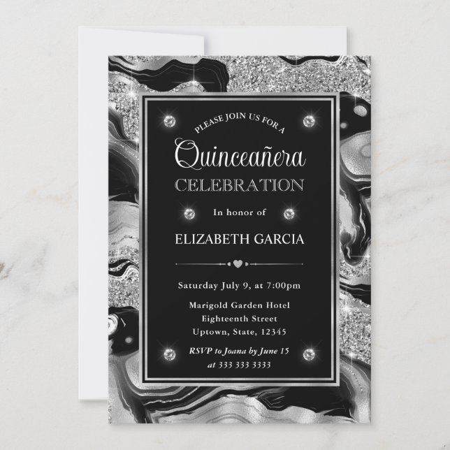 Elegant Black & Silver Glitter Agate Quinceanera Invitation (Front)