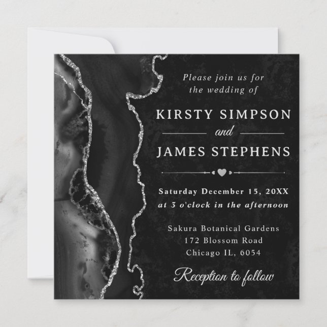 Elegant Black Silver Glitter Agate Wedding Invitation (Front)