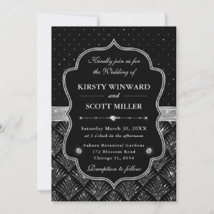 Elegant Black & Silver Glitter Art Deco Wedding Invitation