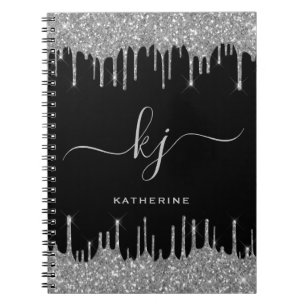 Elegant Black Silver Glitter Drips Monogram Script Notebook