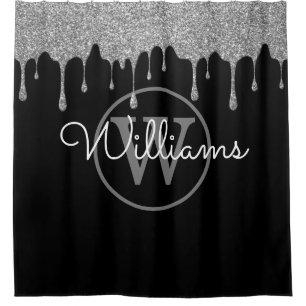 Elegant Black Silver Glitter Drips Monogram Script Shower Curtain