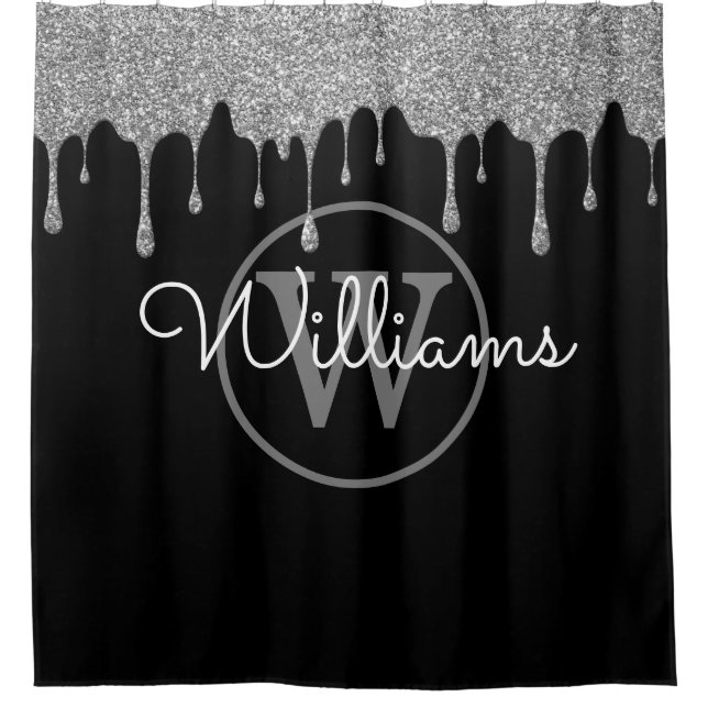 Elegant Black Silver Glitter Drips Monogram Script Shower Curtain (Front)