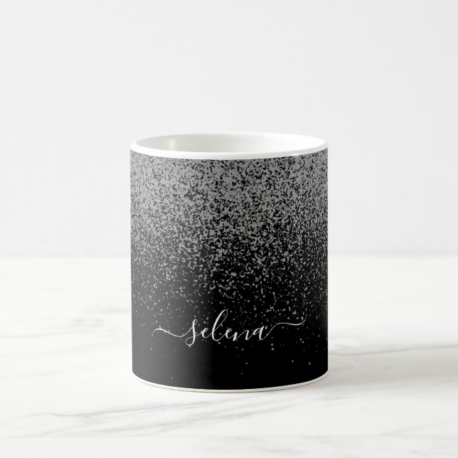 Elegant Black Silver Glitter Girly Monogrammed Coffee Mug (Center)