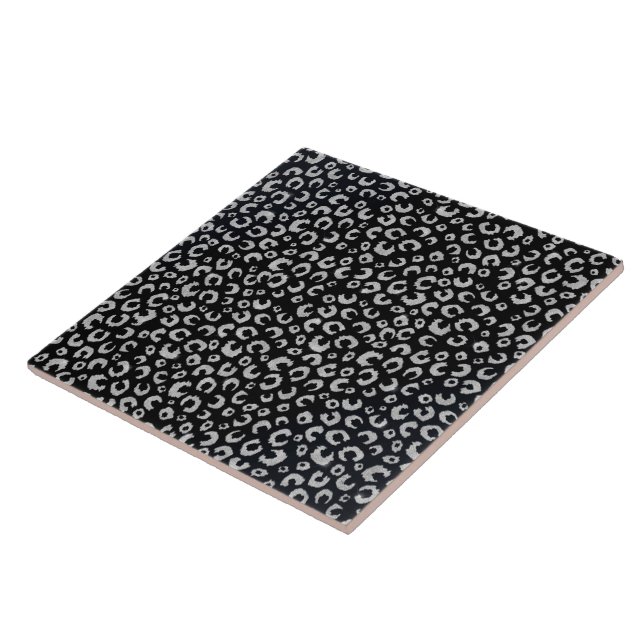 Elegant Black Silver Glitter Leopard Pattern Ceramic Tile (Side)