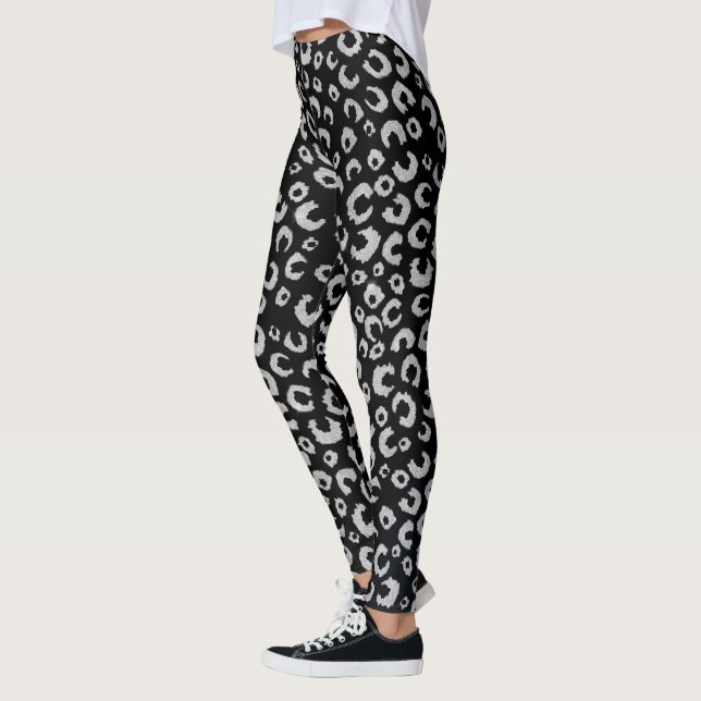 Elegant Black Silver Glitter Leopard Pattern Leggings (Left)