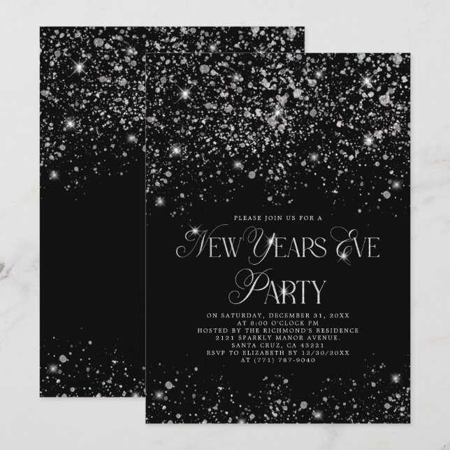 Elegant Black Silver Glitter New Years Eve Party Invitation (Front/Back)
