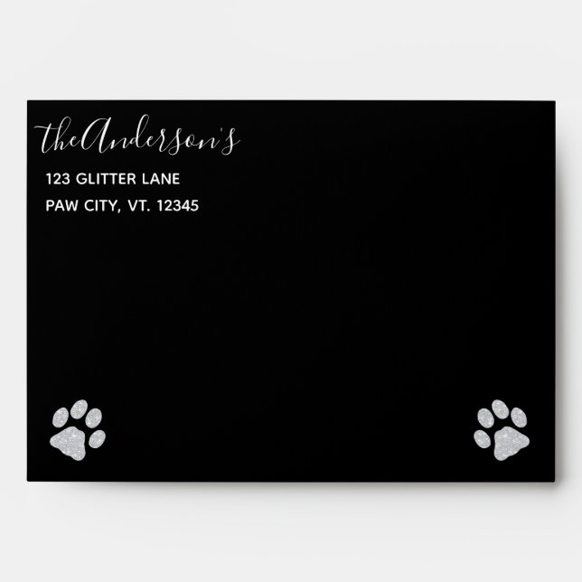 Elegant Black Silver Glitter Paw Print Puppy Envelope (Front)