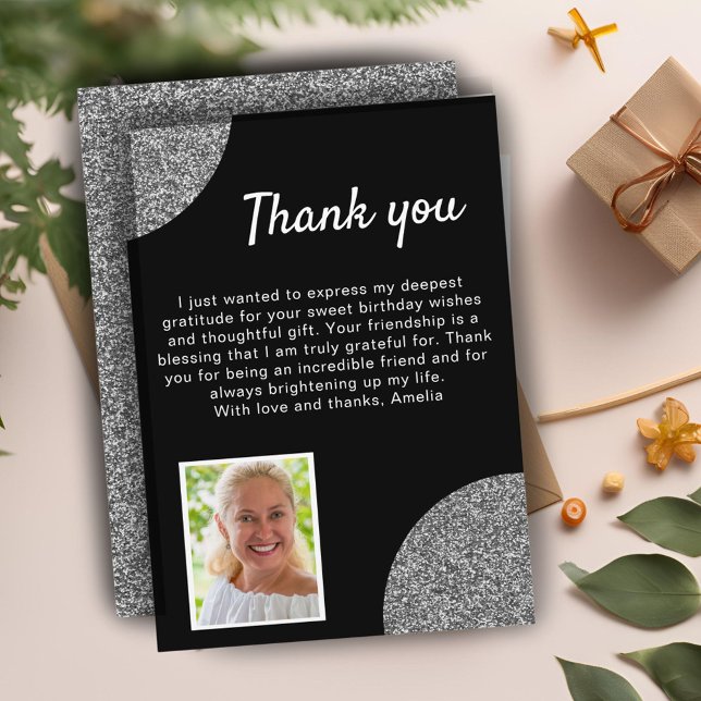 Elegant Black Silver Glitter Photo Birthday Thank You Card (Creator Uploaded)