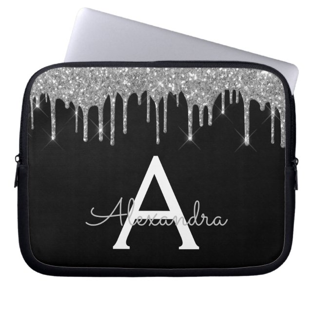 Elegant Black Silver Glitter Sparkle Monogram Laptop Sleeve (Front)
