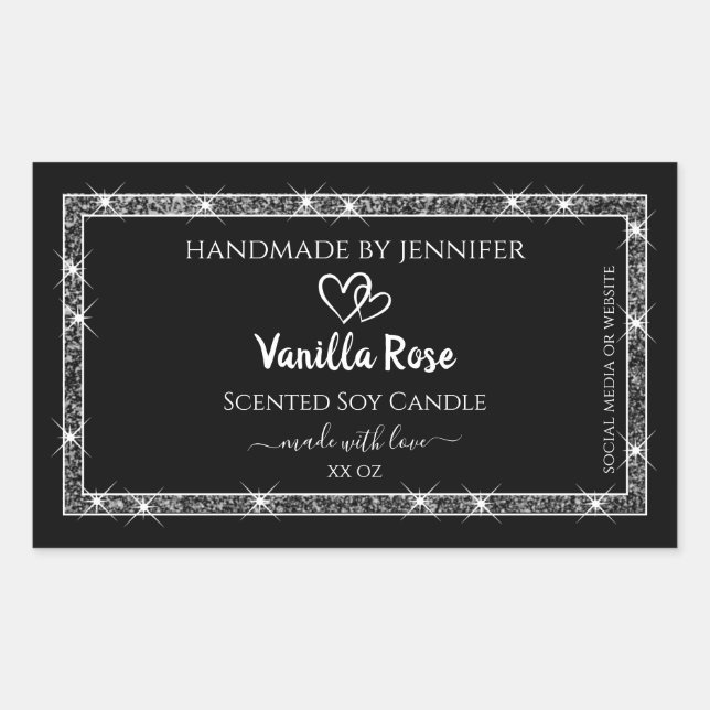 Elegant Black Silver Glitter Stars Product Labels (Front)