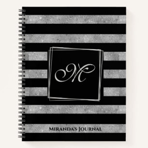 Elegant Black Silver Glitter Striped Monogram Notebook