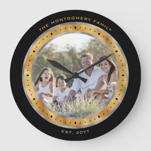 Elegant Black Silver Gold Foil Custom Name Photo Large Clock