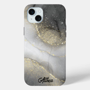 Elegant Black Silver Gold Marbled  iPhone 15 Mini Case