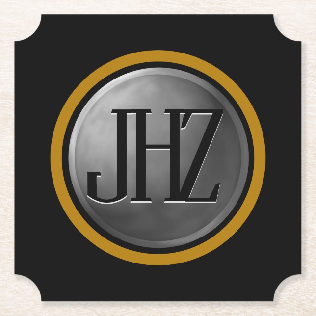 Elegant Black Silver Gold Monogram Coaster (Front)