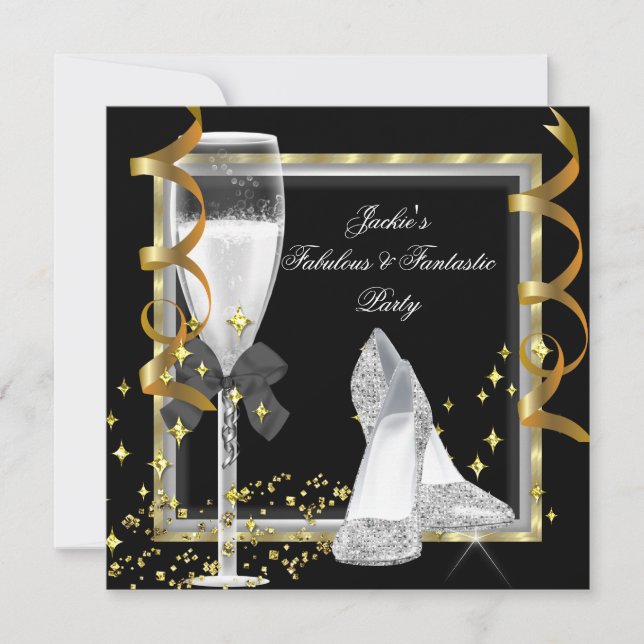 Elegant Black Silver Gold Women's Birthday Party Invitation (Front)