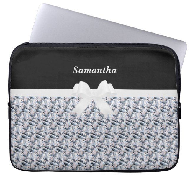 Elegant Black & Silver Grey Fractal Diamond Laptop Laptop Sleeve (Front)