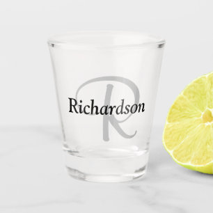 Elegant Black Silver Grey Monogram Name Shot Glass