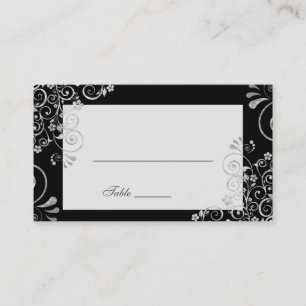 Elegant Black Silver Grey Swirl Wedding Place Card
