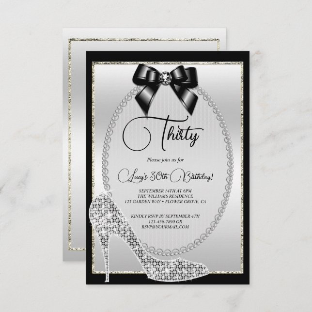 Elegant Black Silver Jewel Bow & Stiletto Birthday Invitation (Front/Back)