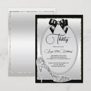 Elegant Black Silver Jewel Bow & Stiletto Birthday Invitation